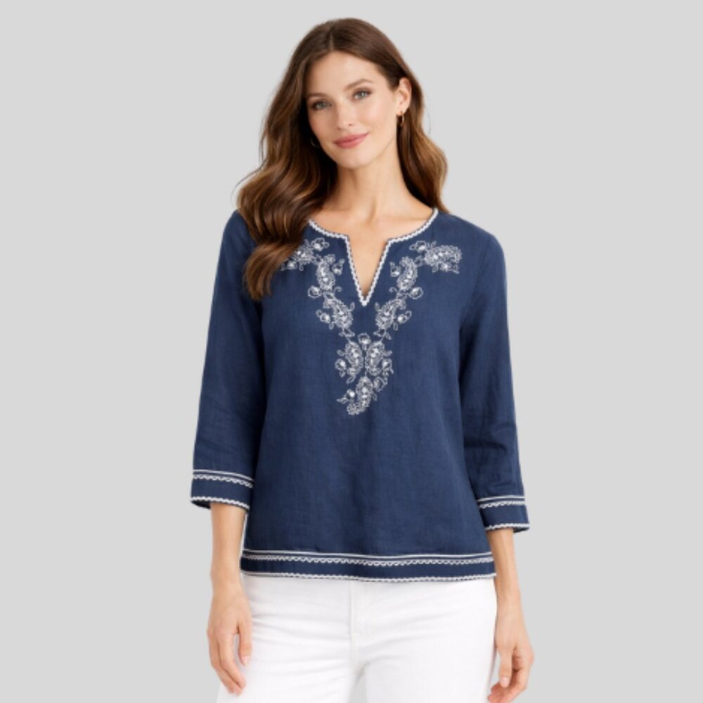 Talbots Embroidered Beaded Blouse 3/4 Sleeve Linen/Cotton Indigo Blue Size Small
